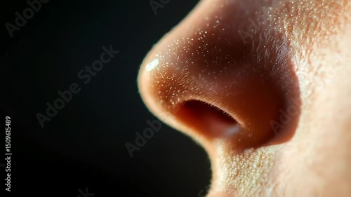 Extreme close-up of human nose with detailed skin texture, illustrating sense of smell, dermatology, and AI in cosmetic science, olfactory technology, or health diagnosis

