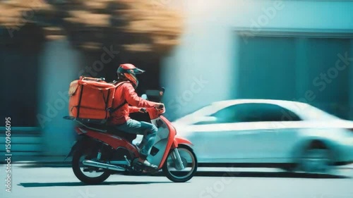 Express Delivery Ride: A blurred image captures the speed of express food delivery by scooter, weaving through the city streets. Delivering convenience.
