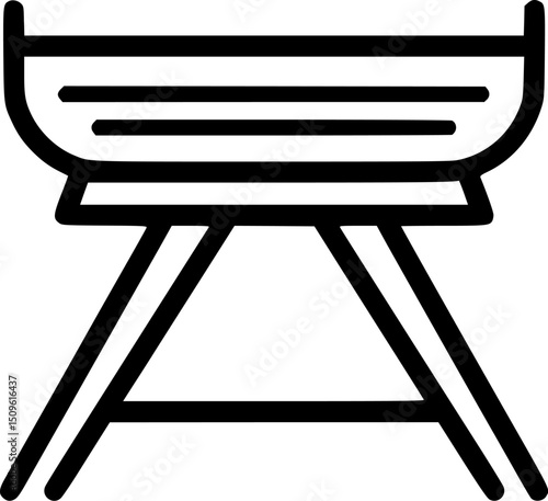 A grill with a bowlshaped container and three horizontal bars It rests on an Aframe base