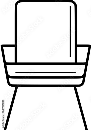 A stylized lineart depiction of a chair with a square back and armrests on a white background