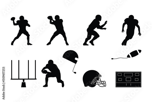 American Football Icon Set  Vector Silhouettes of Players, Helmets, Balls & Action Poses. vector 