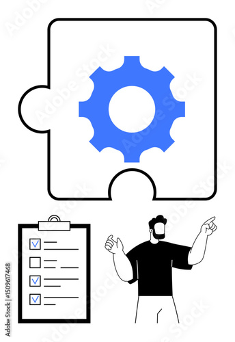 Large puzzle piece featuring gear, checklist with ticks, person gesturing. Ideal for teamwork, strategy, organization, innovation, planning workflow problem solving. Perfect for simple landing page