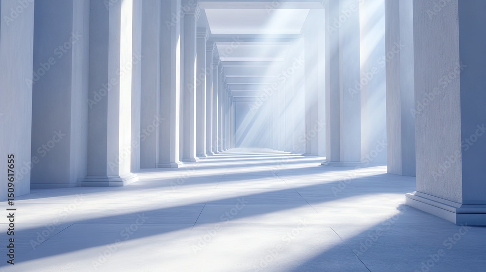 Obraz premium Spacious, sunlit colonnade interior perspective.