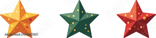 Vector clip art of festive yellow, green, and red decorative stars with glowing dots, isolated on transparent background. Perfect for holiday, celebration, or award-themed designs.