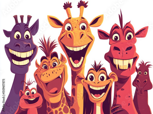 Vibrant group of cartoon animals, including giraffe, cow, and other playful characters, all displaying cheerful smiles and lively expressions. This joyful scene captures essence of friendship