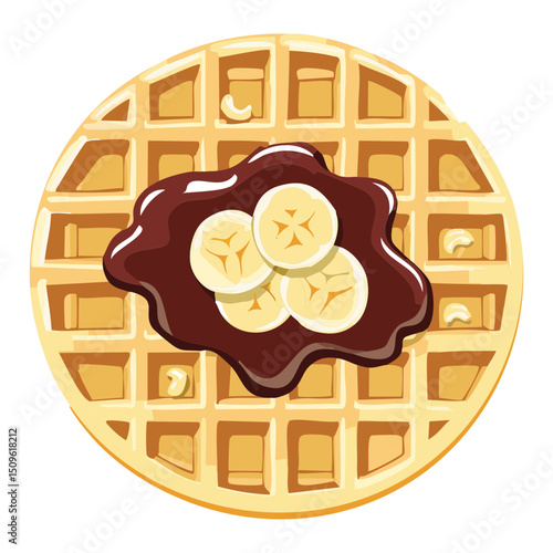vector illustration of waffle with banana slice and chocolate syrup topping
