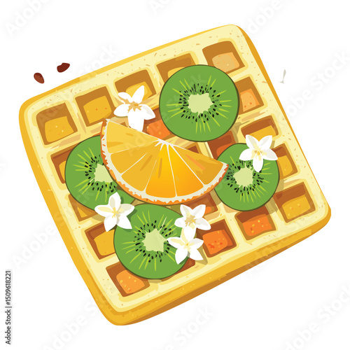 Waffle with kiwi and orange fruit topping - vector illustration