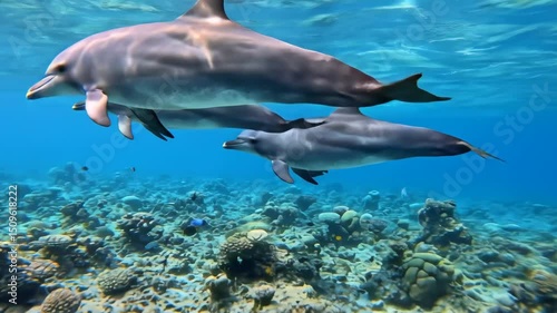 Wallpaper Mural Pair of dolphins swimming gracefully above a vibrant coral reef Torontodigital.ca