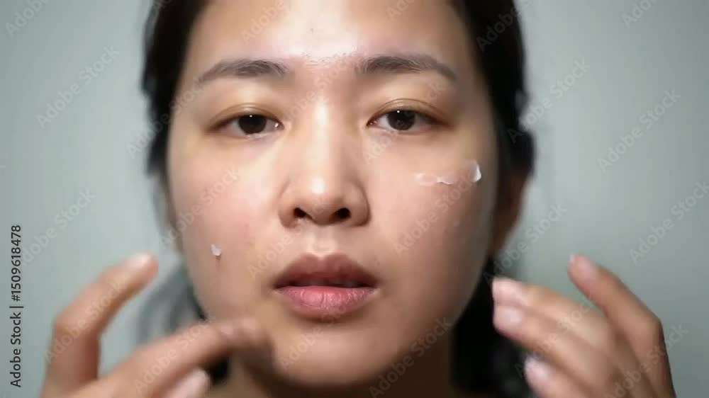 Close-up of a Young Woman Applying Moisturizing Cream to Her Face, Skincare Routine, Beauty Treatment, Facial Care Close-up of a Young Woman Applying Moisturizing Cream to Her Face, Skincare Routine, Beauty Treatment, Facial Care