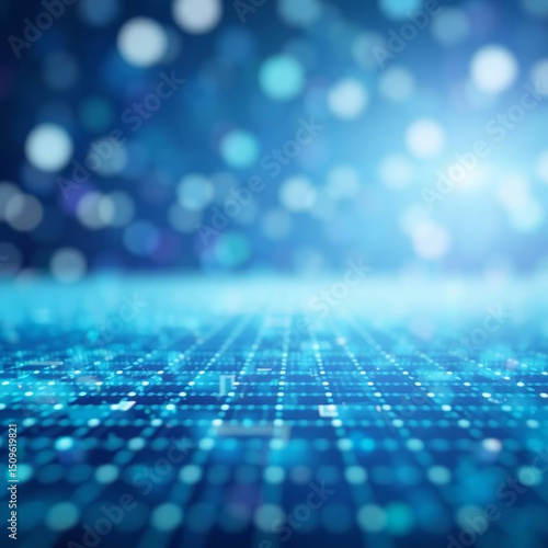 Blurred Bokeh Abstract Digital Landscape with Cool Colors and Glowing Grid Horizon

