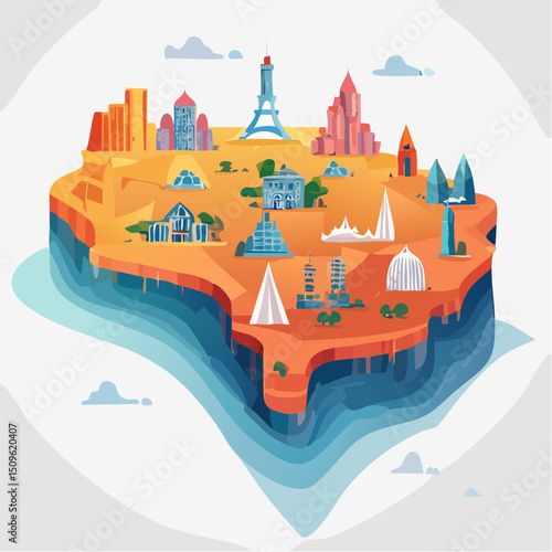 Stylized World Map Vector Illustration Colorful Landmarks & Simplified Design