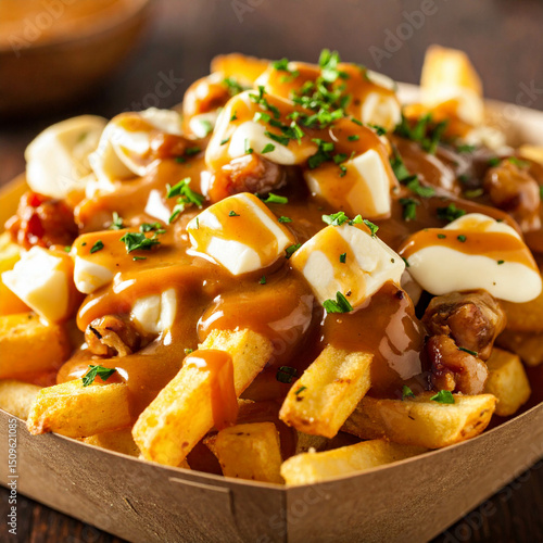 comfort classic: poutine, a cherished Canadian indulgence, layers crispy fries with rich gravy and squeaky cheese curds, delivering a satisfying mix of texture and flavor