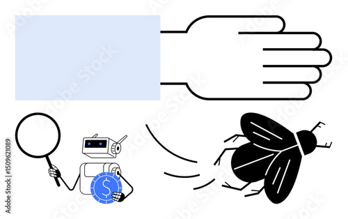Robot examines coin through magnifying glass, a fly dodges swiping hand gesture. Ideal for technology, automation, efficiency, innovation, problem-solving, observation and risk management. Flat