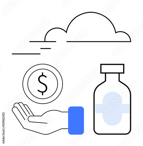 Hand extended with coin indicating payment, medicine bottle beside cloud. Ideal for healthcare, cost, access, finance, insurance, pharmaceutical, simple landing page