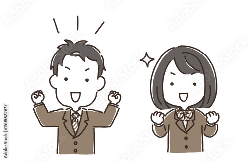ガッツポーズをしている制服の女子生徒と男子生徒