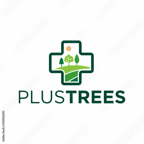 Minimalist Illustrated Plus Shape Tree Landscape Nature Healthcare Logo Design