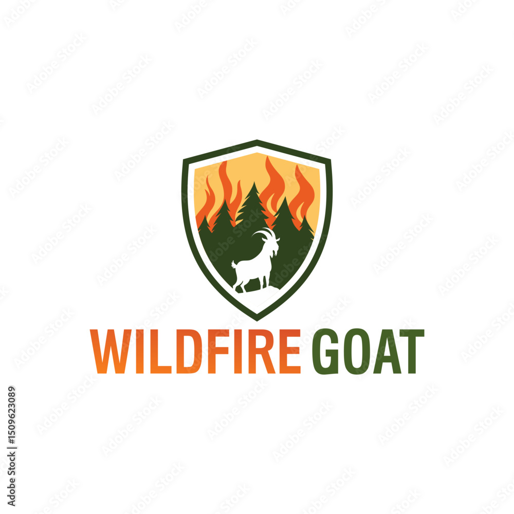 Modern Flat Goat Silhouette Standing in Fire Shield Emblem Illustration Modern Flat Goat Silhouette Standing in Fire Shield Emblem Illustration