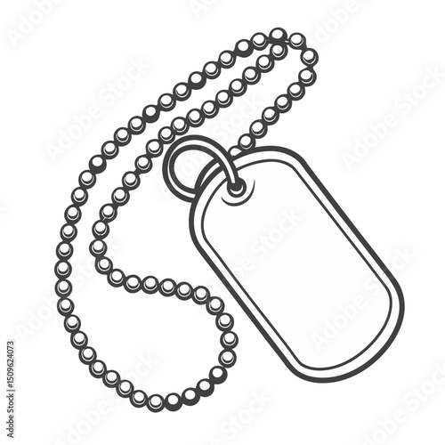 clean vector of steel dog tag with ball chain, engraved details, perspective layout on white
