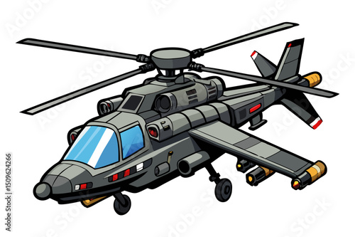 attack helicopter flying with missiles attached, vector with subtle rotor blur lines, white background
