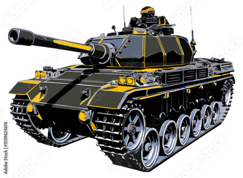 realistic vector of main battle tank, side profile with visible tracks and turret gun, isolated on white

