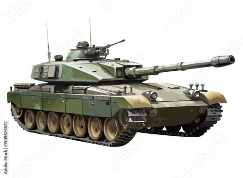 realistic vector of main battle tank, side profile with visible tracks and turret gun, isolated on white
