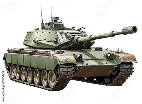 realistic vector of main battle tank, side profile with visible tracks and turret gun, isolated on white
