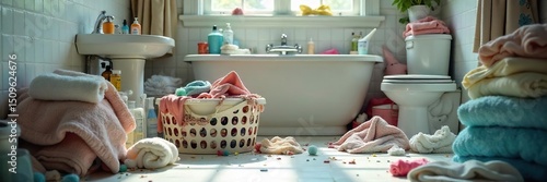 Overwhelmed bathroom, overflowing laundry basket, toiletries scattered on the floor, towels piled high, a chaotic scene of untidiness and clutter , household chores, toilet, messy bathroom