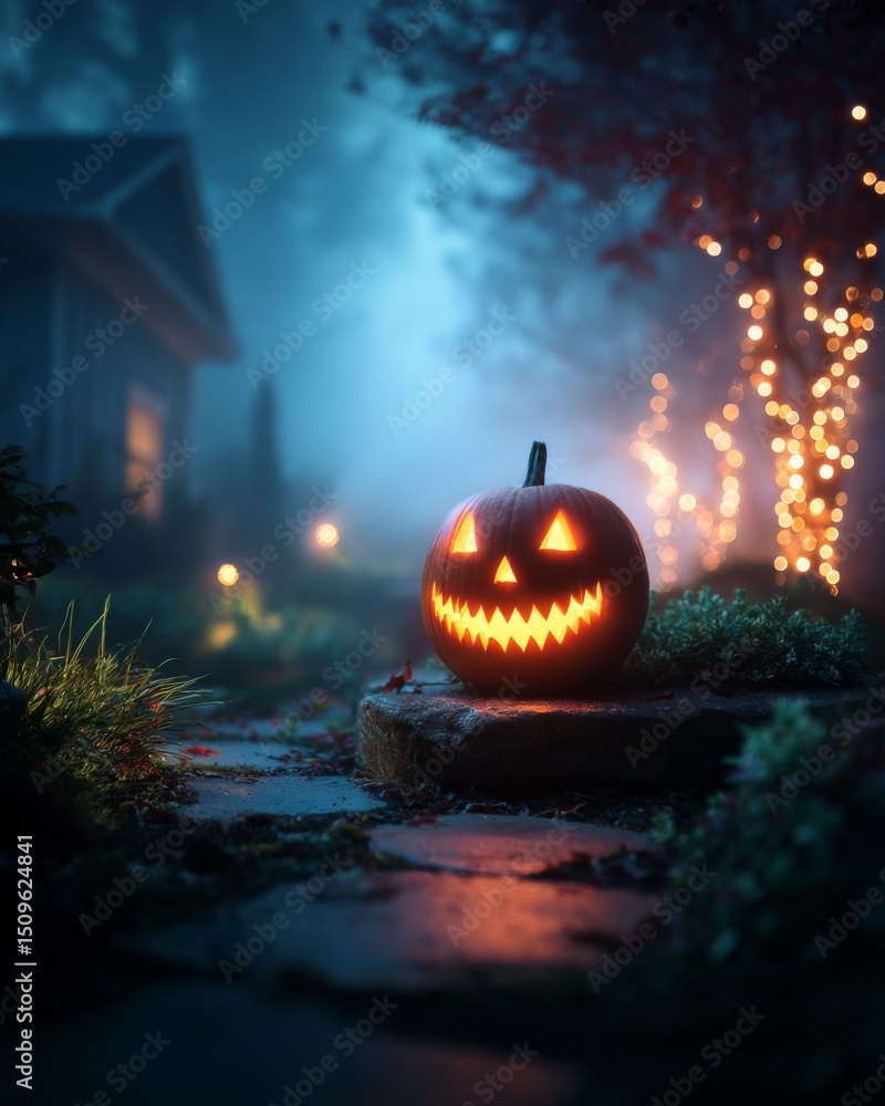 Fototapeta premium Eerie glowing jack-o'-lantern sitting in a foggy garden at night, low light, spooky halloween setting
