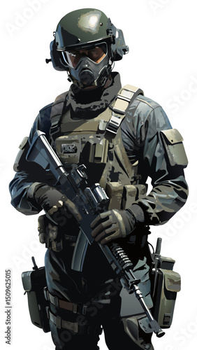 vector of modern soldier with rifle in tactical gear, detailed helmet and body armor, clean black silhouette on white background

