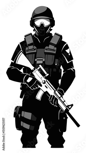 Wallpaper Mural vector of modern soldier with rifle in tactical gear, detailed helmet and body armor, clean black silhouette on white background
 Torontodigital.ca