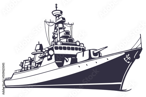 vector of battleship or destroyer class with radar and missile launchers, flat color on white
