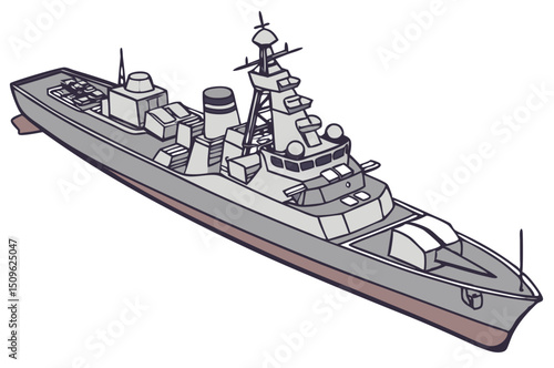 vector of battleship or destroyer class with radar and missile launchers, flat color on white
