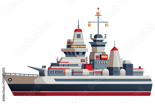 vector of battleship or destroyer class with radar and missile launchers, flat color on white
