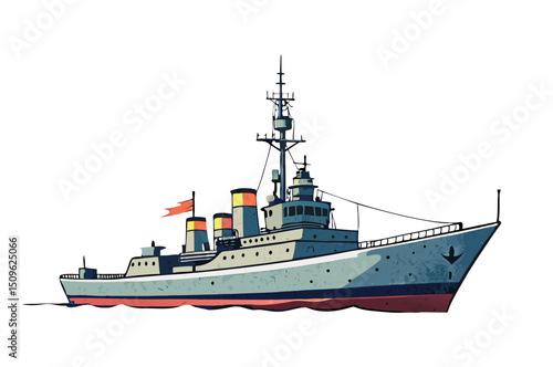 vector of battleship or destroyer class with radar and missile launchers, flat color on white
