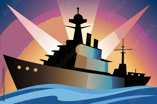 vector of battleship or destroyer class with radar and missile launchers, flat color on white

