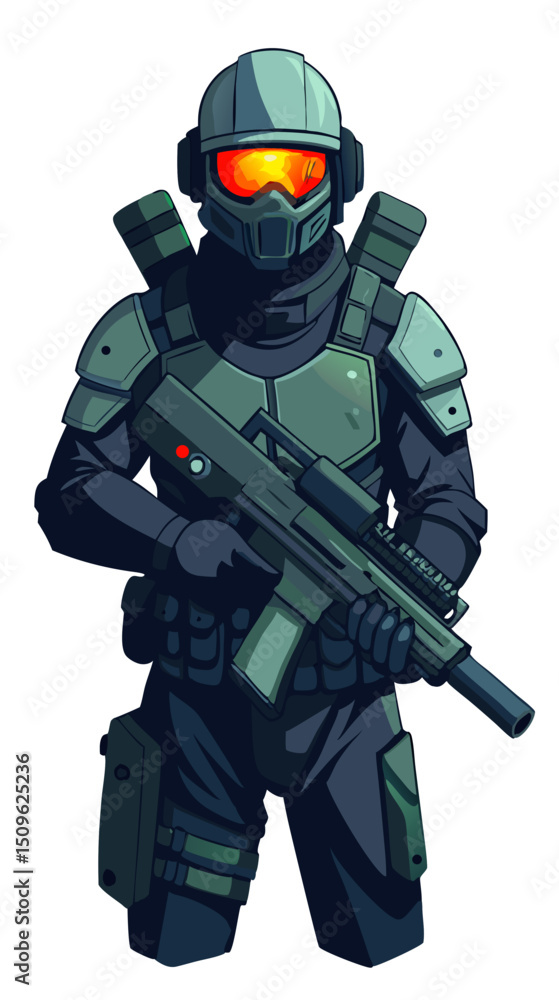 elite soldier in night vision goggles and stealth gear holding silenced weapon, white background vector
elite soldier in night vision goggles and stealth gear holding silenced weapon, white background vector