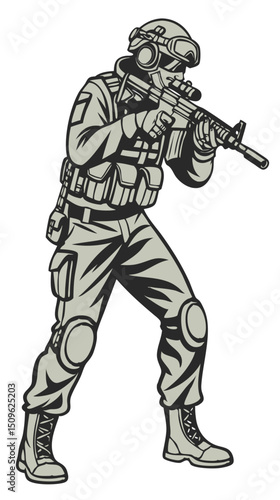 elite soldier in night vision goggles and stealth gear holding silenced weapon, white background vector
