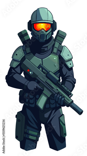 elite soldier in night vision goggles and stealth gear holding silenced weapon, white background vector
