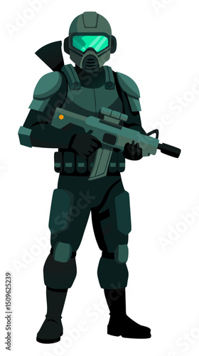 elite soldier in night vision goggles and stealth gear holding silenced weapon, white background vector
