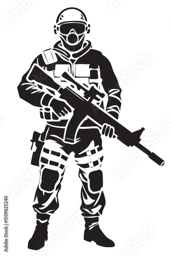 elite soldier in night vision goggles and stealth gear holding silenced weapon, white background vector
