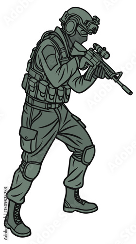 elite soldier in night vision goggles and stealth gear holding silenced weapon, white background vector
