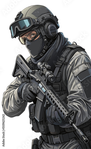 elite soldier in night vision goggles and stealth gear holding silenced weapon, white background vector
