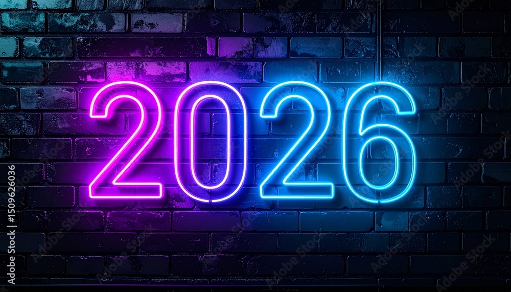 Glowing neon 2026 sign on dark brick wall Glowing neon 2026 sign on dark brick wall