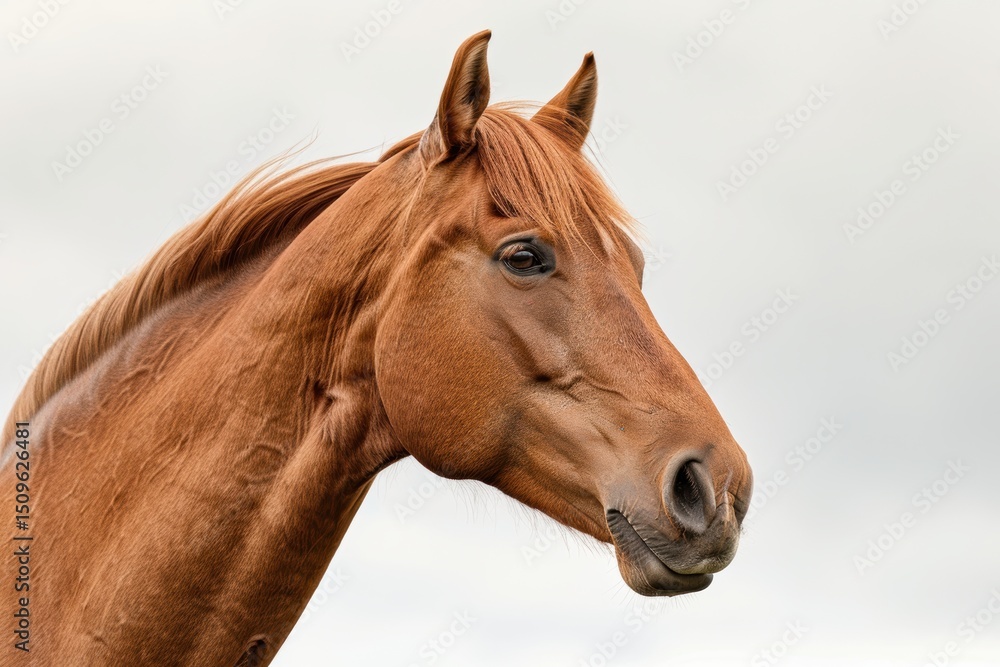 Fototapeta premium A horse with a flowing mane appears powerful and graceful against a simple white backdrop, with its strength and elegance clear to see.