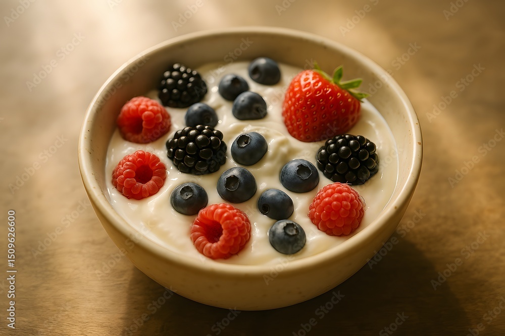 Bowl of yogurt topped with fresh berries and a vibrant presentation. Bowl of yogurt topped with fresh berries and a vibrant presentation.