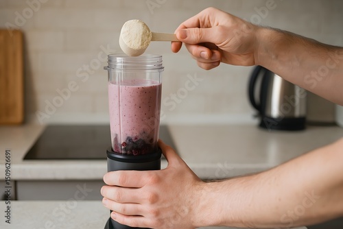 Preparing a smoothie with a blender and protein powder.