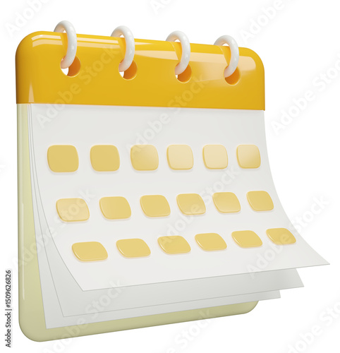 Calendar date 3d icon. Yellow calendar with flipping pages and rings isolated on white background. Daily schedule planner. Calendar events plan, Reminder, work planning concept.