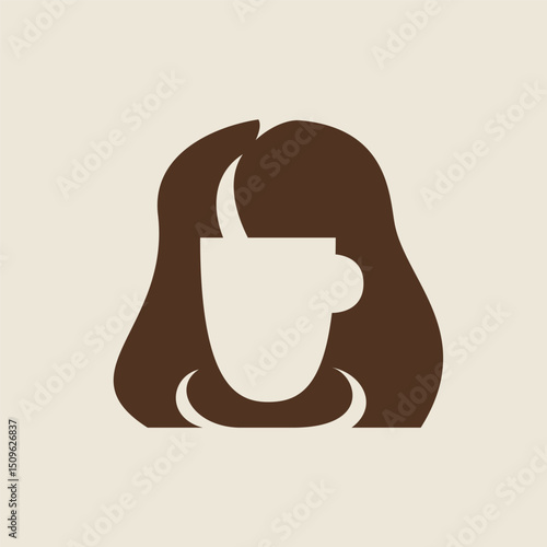 Negative space logo of female long hair head with white cup and coaster in face for cafe, restaurant, bar, and drink related business, Warm and relaxing color.