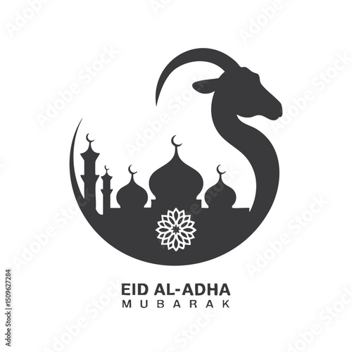 Eid al adha mubarak islamic festival of sacrifice greeting card with goat and mosque silhouette design vector