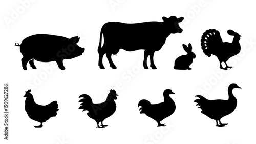 Farm animals silhouette vector illustration featuring cow pig rabbit chicken goose and turkey livestock icons